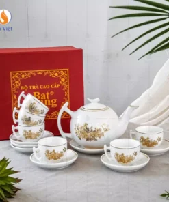 Bộ ấm chén trắng dáng bưởi cành họa tiết hoa cúc vẽ vàng kim