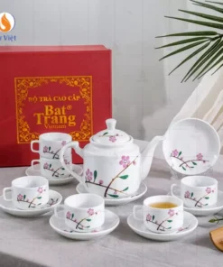 Bộ ấm chén trắng họa tiết hoa đào hồng