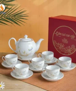 Bộ ấm chén trắng dáng Minh Long họa tiết trúc chuồn