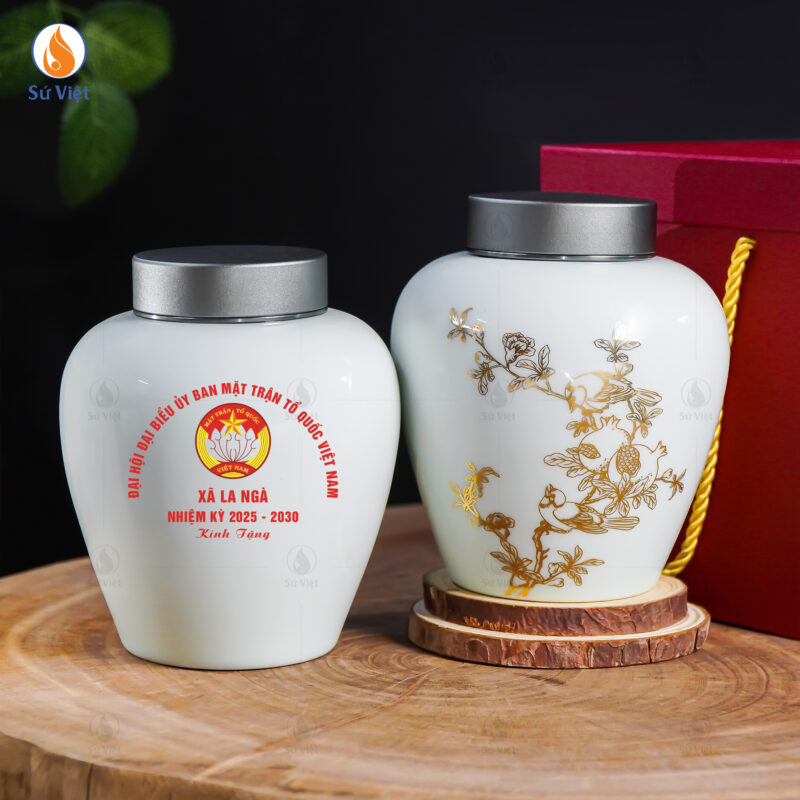 Hũ trà Lựu khai phúc lành men trắng in logo Mặt trận Tổ quốc Việt Nam