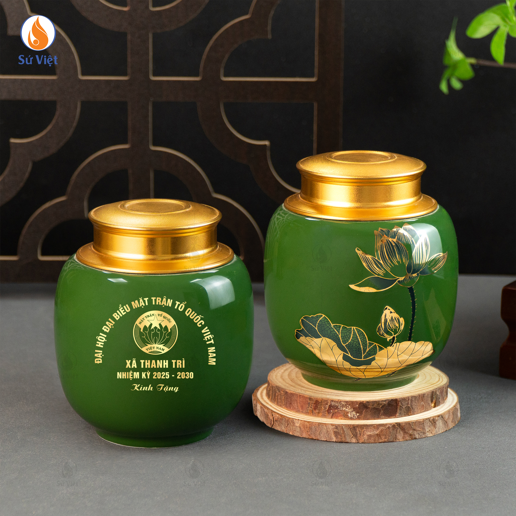 Hũ trà gốm hoa sen vẽ vàng in logo Mặt trận Tổ quốc Việt Nam