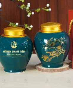 Hũ trà in logo Hồng Shan Tiên họa tiết hoa mộc miên