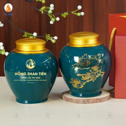 Hũ trà in logo Hồng Shan Tiên họa tiết hoa mộc miên