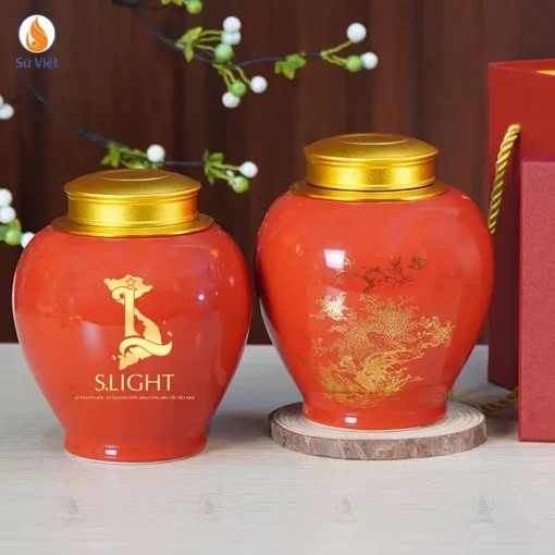 Lọ đựng trà gốm in logo doanh nghiệp họa tiết cúc kê