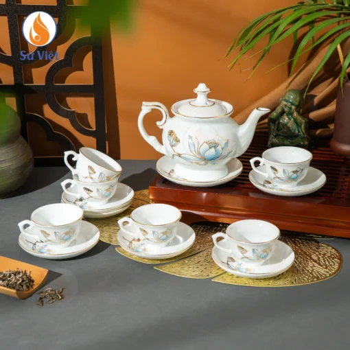 Bộ Ấm Chén Phú Quý Sen Nước Viền Vàng Kim