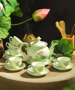 Bộ Ấm Chén Men Ngọc Sen Nước Viền Vàng Kim