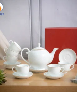 Bộ Ấm Chén Trắng Dáng Minh Long Viền Vàng Kim