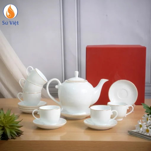 Bộ Ấm Chén Trắng Dáng Minh Long Viền Vàng Kim