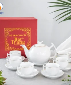 Bộ Ấm Chén Trắng Dáng Bưởi Cành Viền Vàng Kim