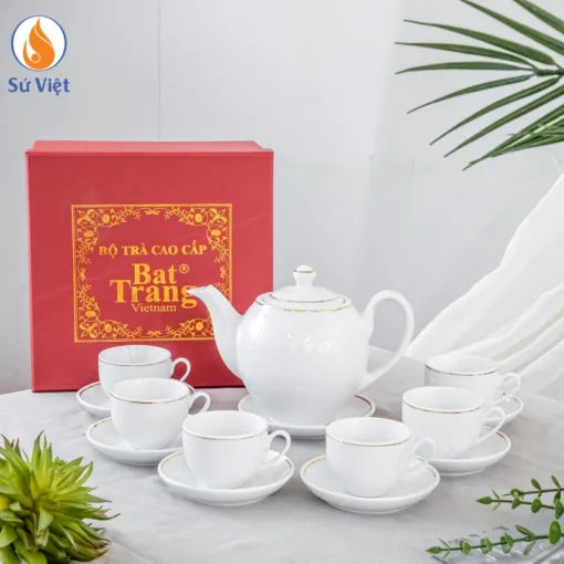 Bộ Ấm Chén Trắng Dáng Minh Long Viền Vàng Kim