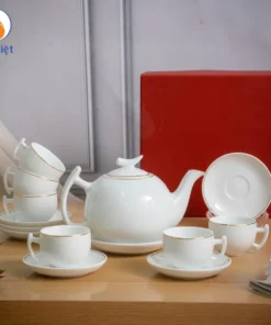 Bộ Ấm Chén Trắng Dáng Bưởi Cành Viền Vàng Kim