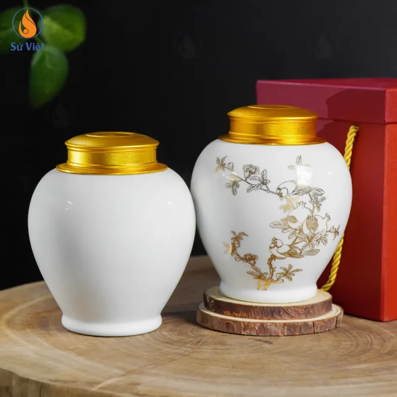 Hũ Đựng Trà Lựu Điểu Trường Xuân Men Trắng