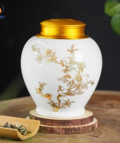 Hũ Đựng Trà Lựu Điểu Trường Xuân Men Trắng