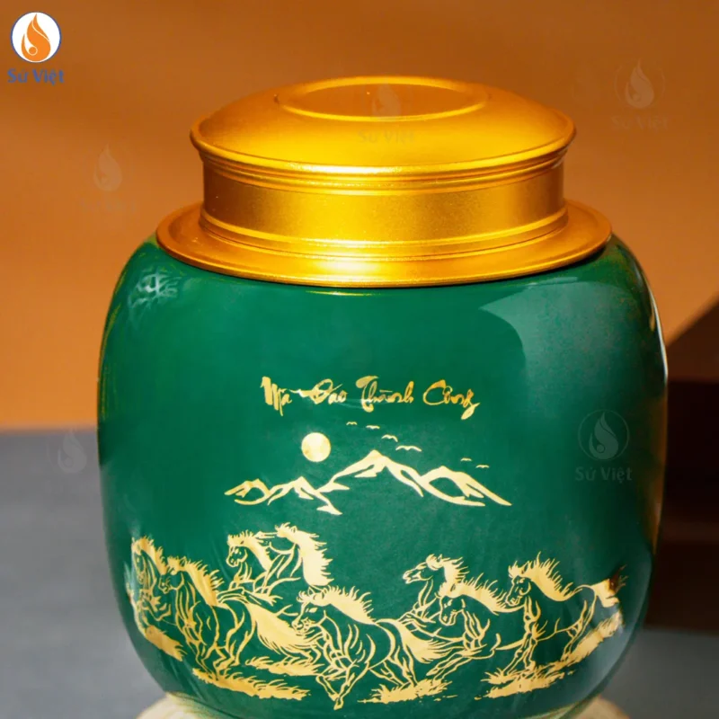 Hũ Đựng Trà Mã Đáo Thành Công Men Xanh Vàng Kim