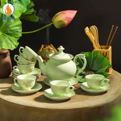 Bộ Ấm Chén Men Ngọc Sen Nước Viền Vàng Kim