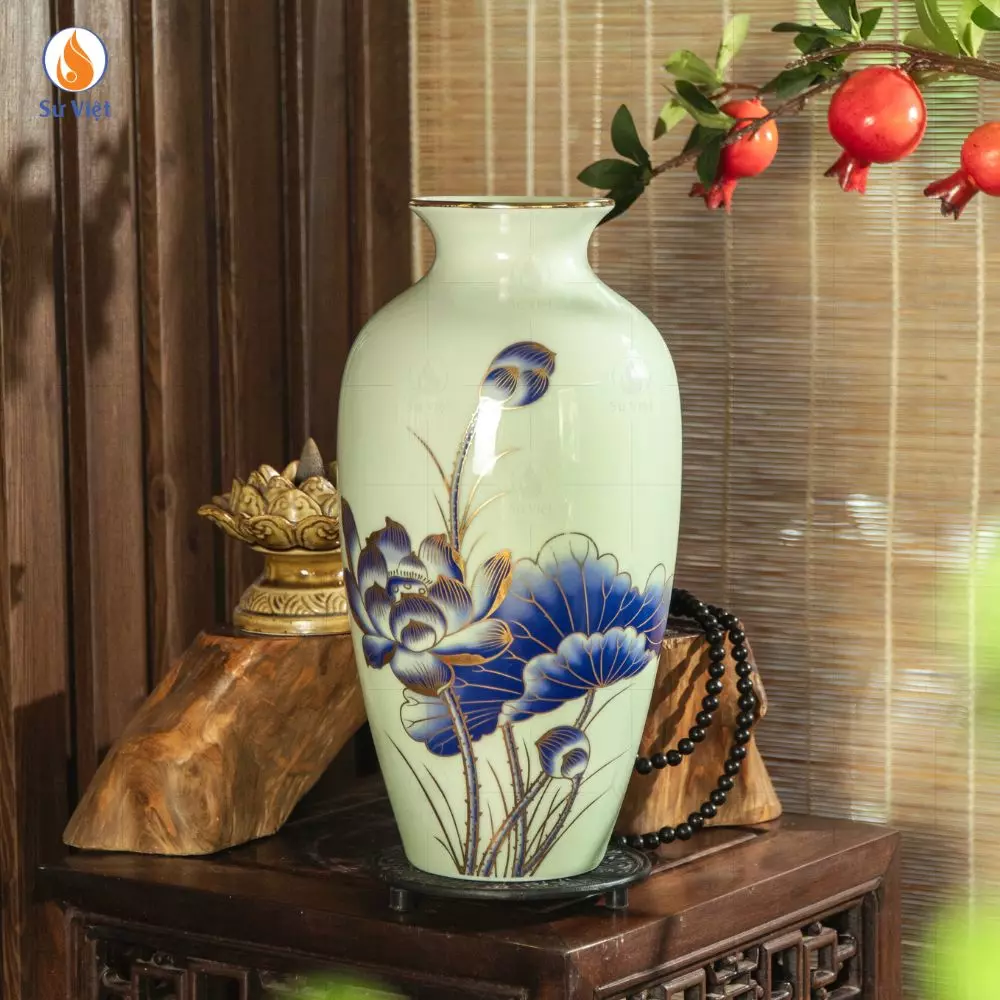 Bình Hoa Gốm Sen Xanh Kẻ Chỉ Vàng