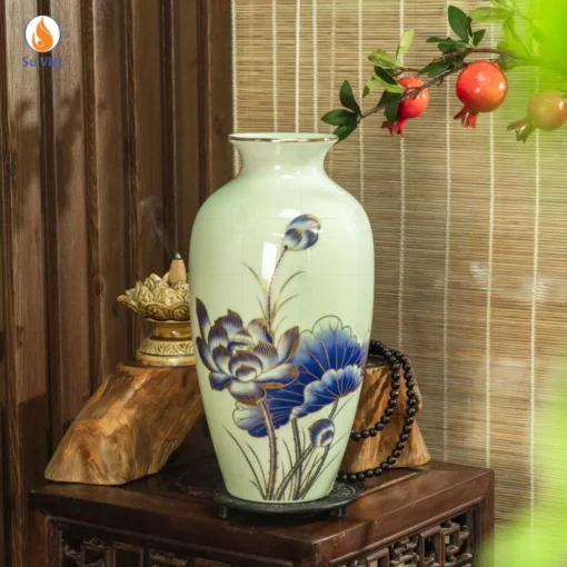 Bình Hoa Gốm Sen Xanh Kẻ Chỉ Vàng
