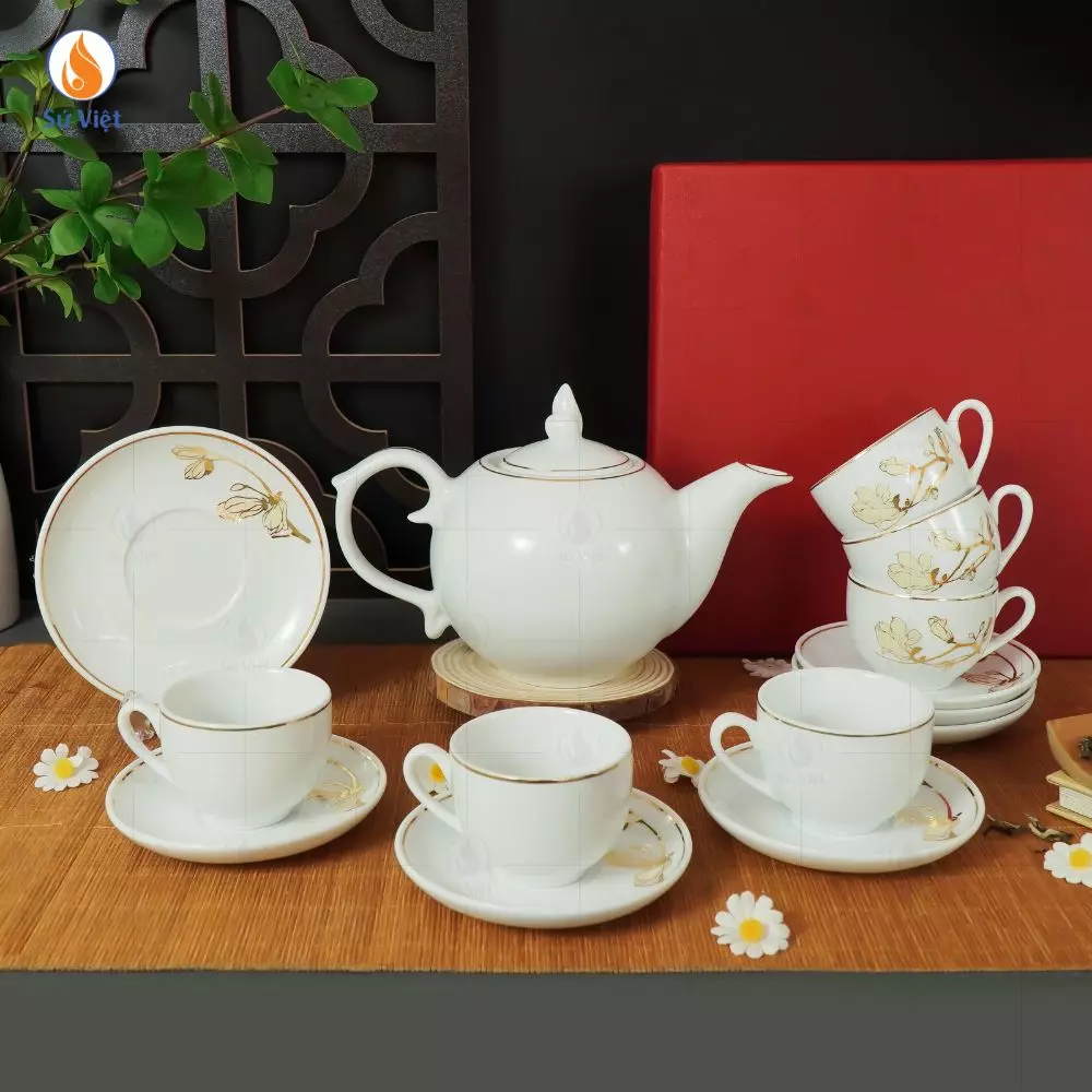 Bộ Ấm Chén Bưởi Lửa Hoa Mộc Lan Kẻ Vàng