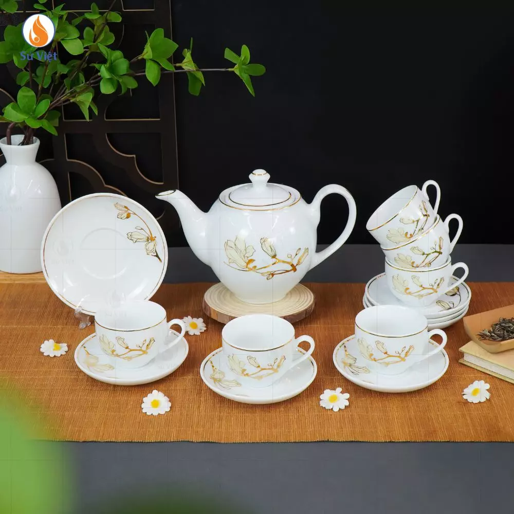 Bộ Ấm Chén Trắng Minh Long Hoa Mộc Lan