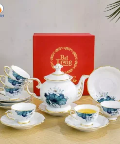 Bộ Ấm Trà Đài Các Sen Xanh Vẽ Vàng Kim