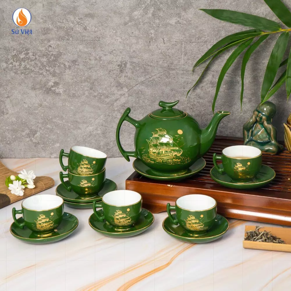 Bộ Trà Bưởi Cành Men Xanh Thuận Buồm Xuôi Gió