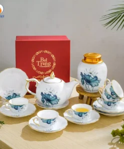 Bộ Trà Mẫu Đơn Sen Xanh Kẻ Chỉ Vàng