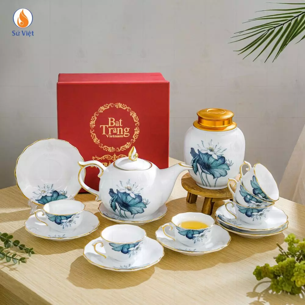 Bộ Trà Mẫu Đơn Sen Xanh Kẻ Chỉ Vàng