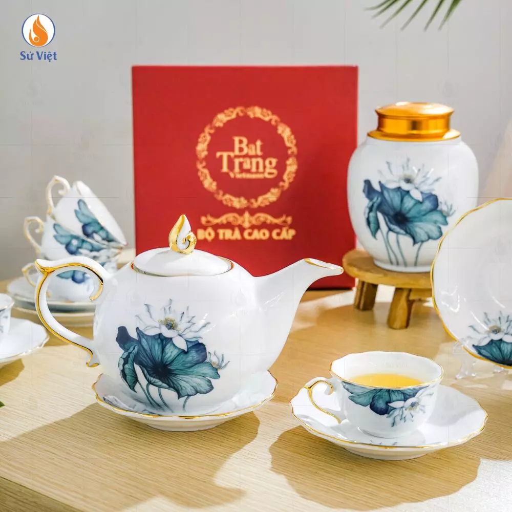 Bộ Trà Mẫu Đơn Sen Xanh Kẻ Chỉ Vàng