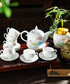Bộ Ấm Chén Trắng Bưởi Lửa Liên Hoa