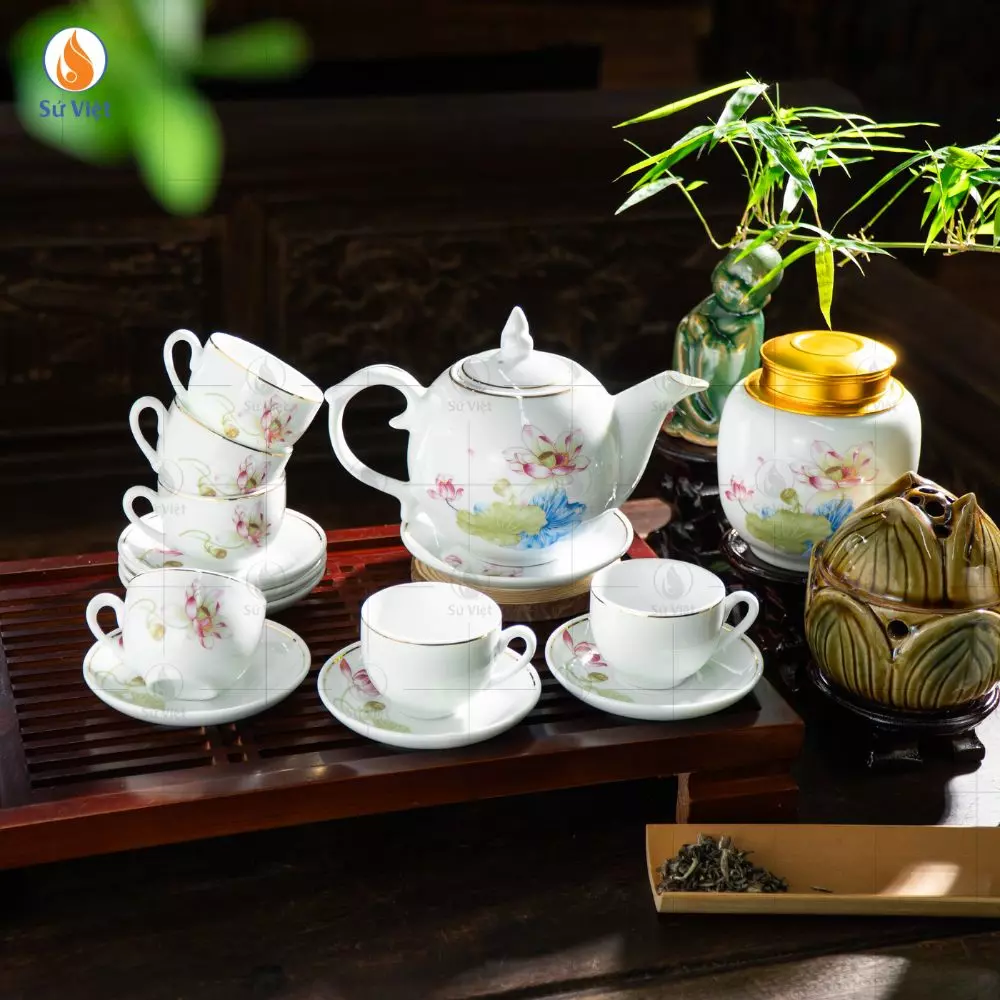 Bộ Ấm Chén Trắng Bưởi Lửa Liên Hoa