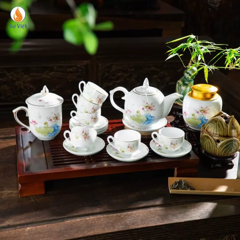 Bộ Ấm Chén Trắng Bưởi Lửa Liên Hoa