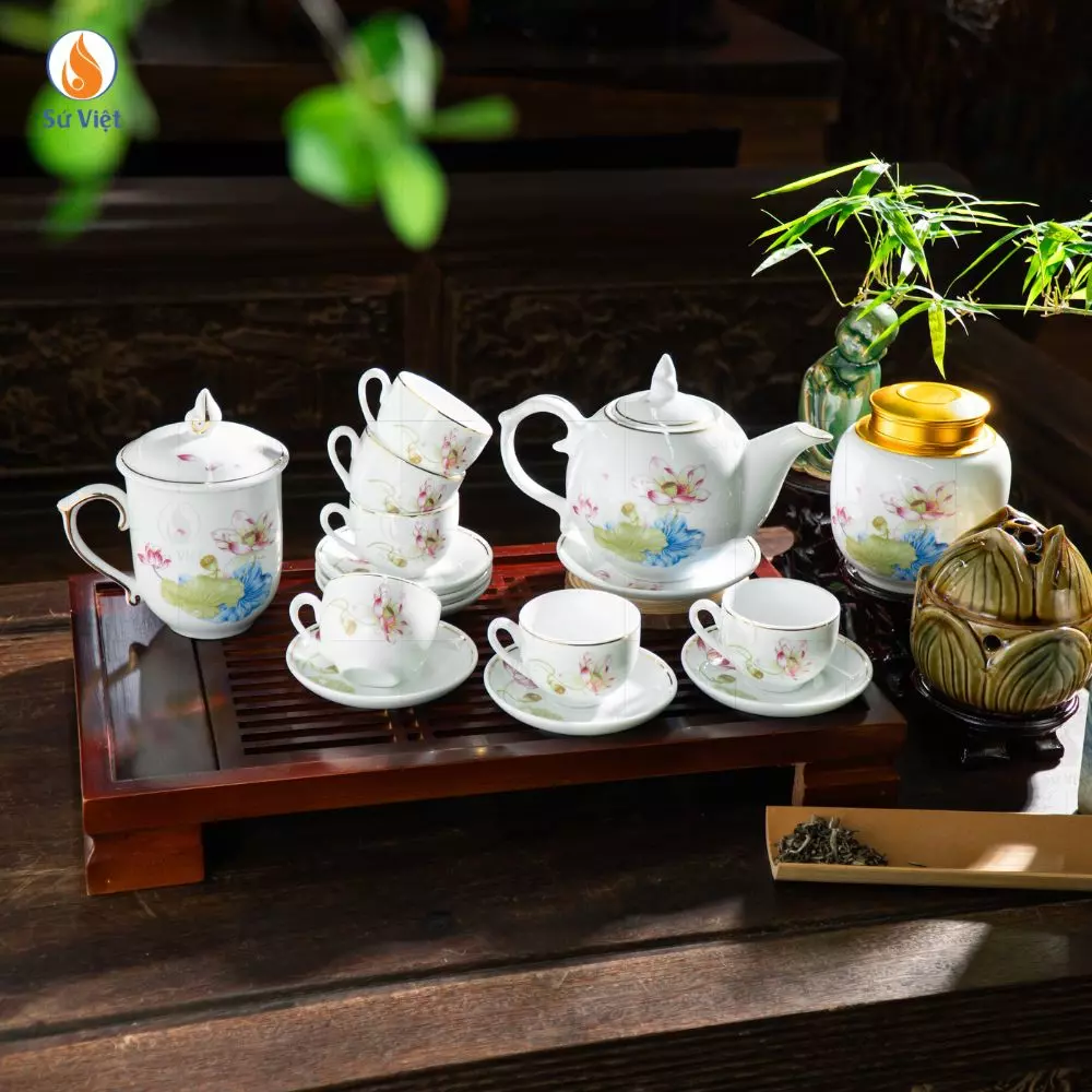 Bộ Ấm Chén Trắng Bưởi Lửa Liên Hoa
