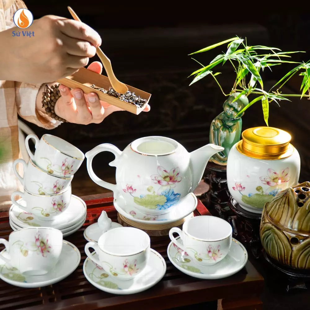 Bộ Ấm Chén Trắng Bưởi Lửa Liên Hoa