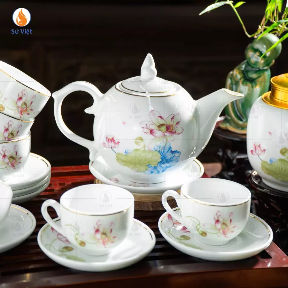 Bộ Ấm Chén Trắng Bưởi Lửa Liên Hoa