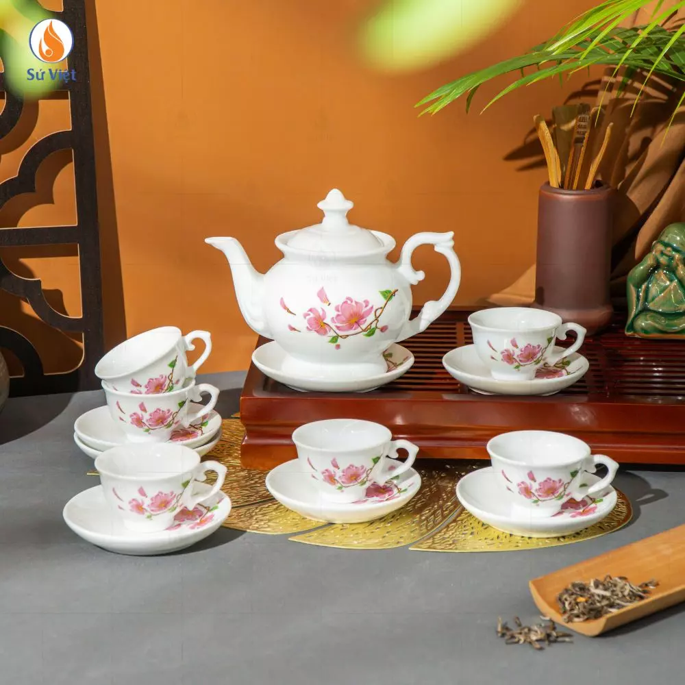 Bộ Ấm Chén Trắng Đài Các Hoa Ban