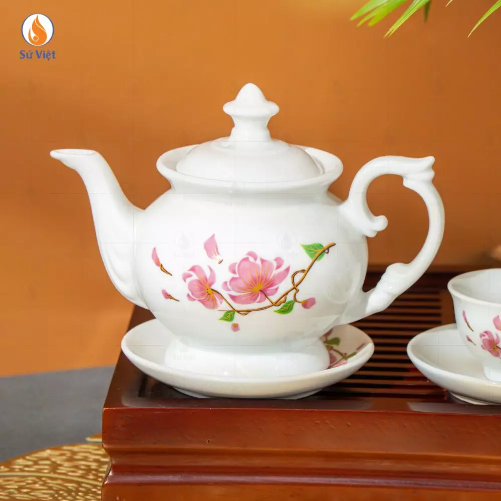 Bộ Ấm Chén Trắng Đài Các Hoa Ban