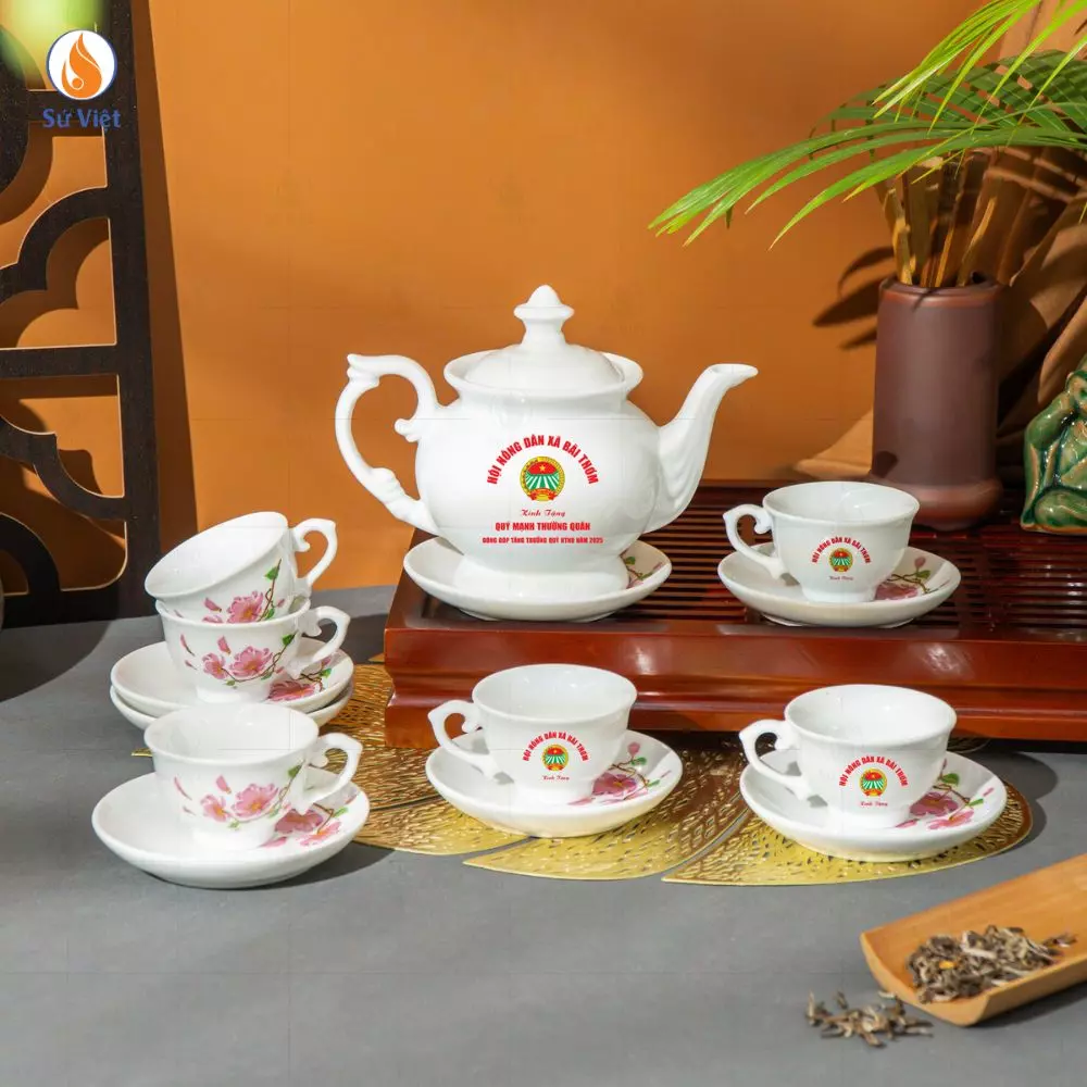 Bộ Ấm Chén Trắng Đài Các Hoa Ban