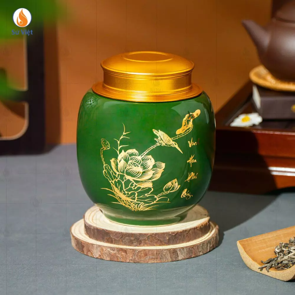 Hũ Trà Gốm Liên Hoa Phú Quý Men Xanh Lá