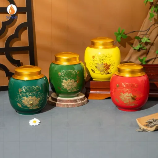 Hũ Trà Gốm Liên Hoa Vẽ Vàng Kim