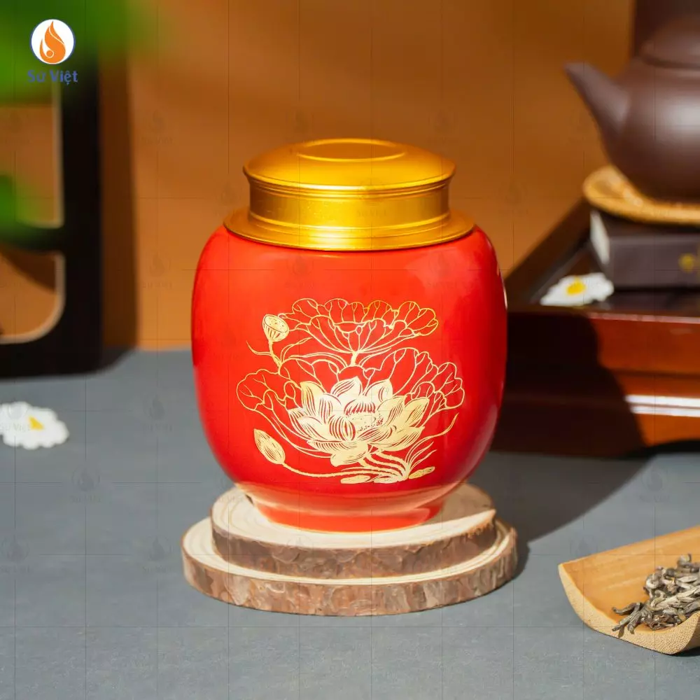 Hũ Trà Men Đỏ Liên Hoa Vàng Kim