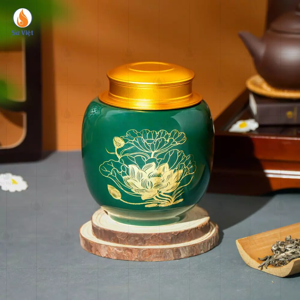 Hũ Trà Men Xanh Lục Liên Hoa Vàng Kim
