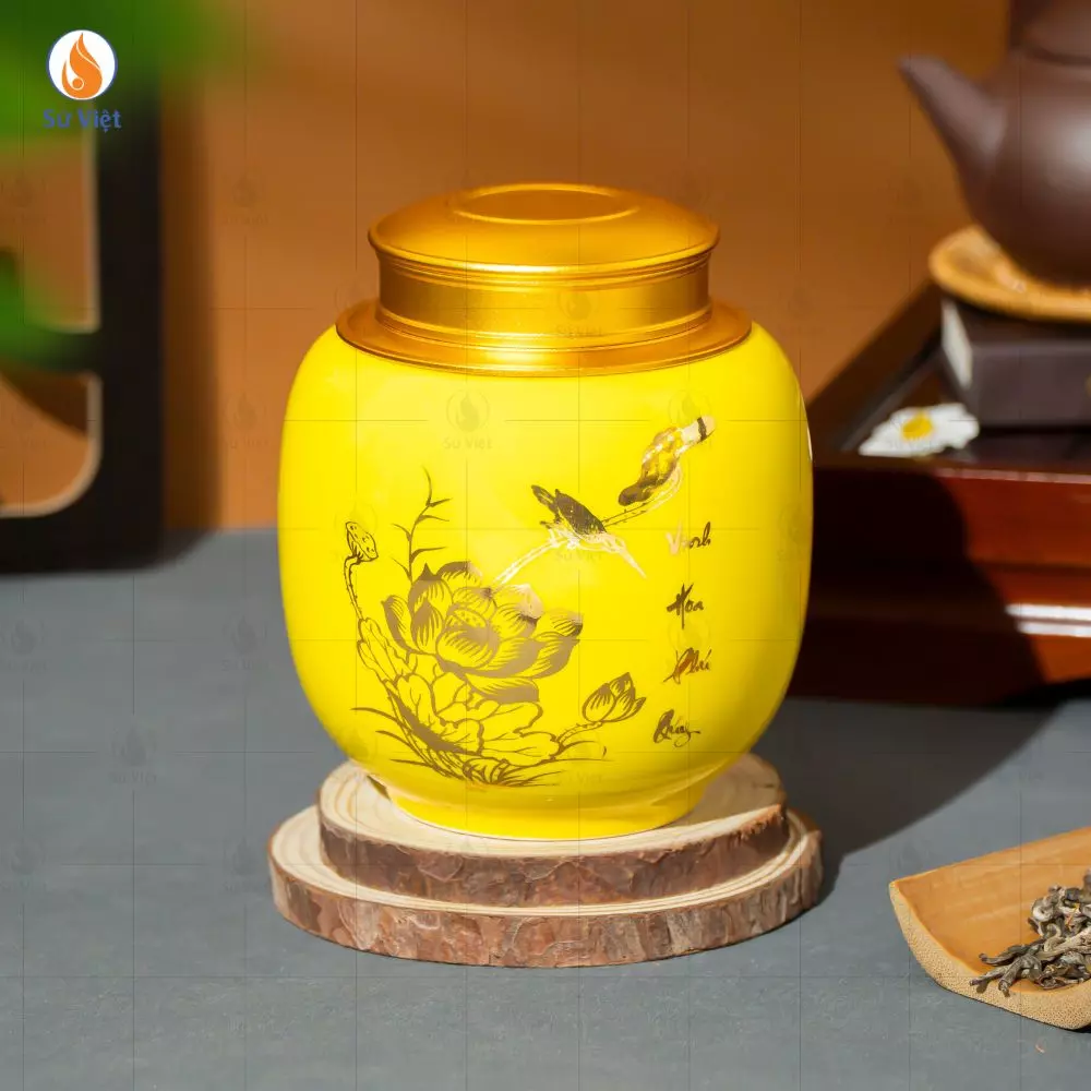 Lọ Đựng Chè Liên Hoa Phú Quý Men Vàng