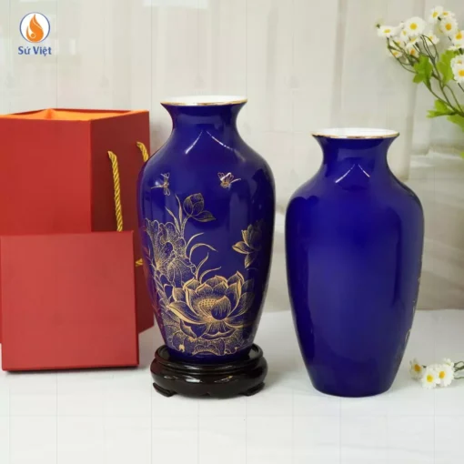 Lọ Hoa Sen Vẽ Vàng Men Xanh Dương