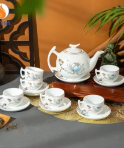 Bộ Ấm Chén Cành Hoa Sen Nước Kẻ Vàng