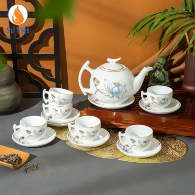 Bộ Ấm Chén Cành Hoa Sen Nước Kẻ Vàng