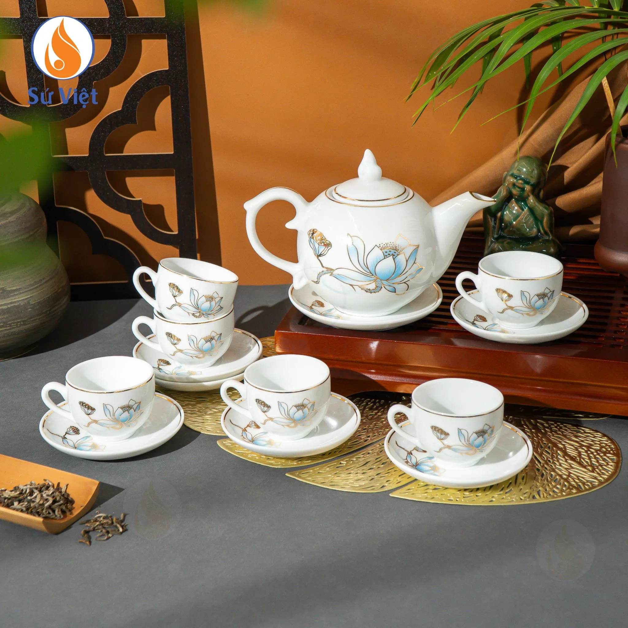 Bộ Ấm Chén Bưởi Lửa Sen Nước Viền Vàng