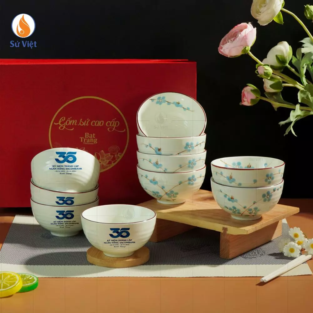 Set 10 Bát Cơm Đào Xanh Quà Tặng 35 Năm Sacombank