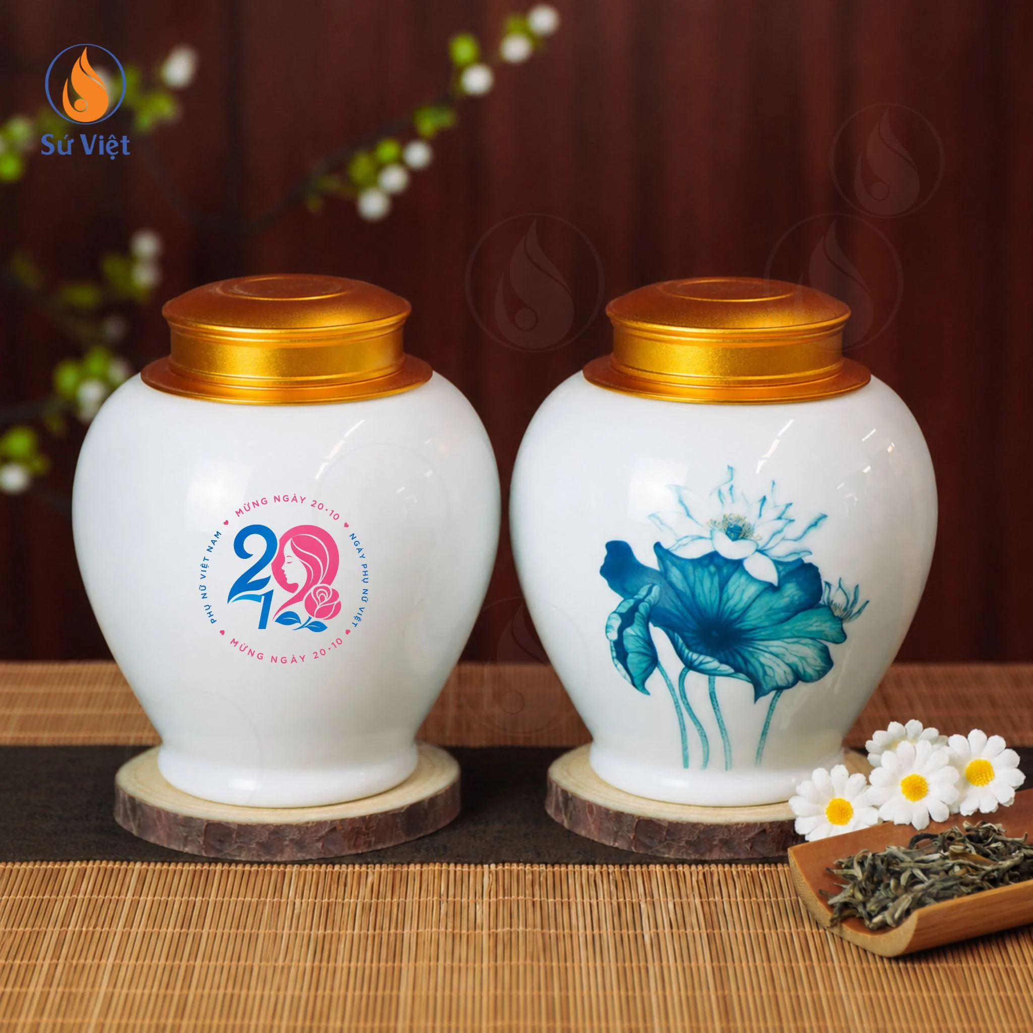 Hũ Trà Sen Xanh In Logo Quà Tặng Ngày 20/10
