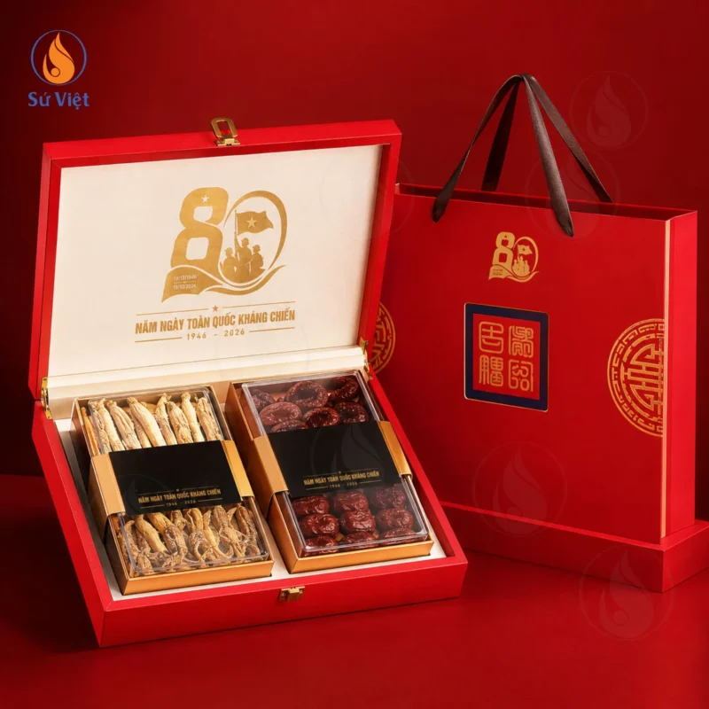 Hộp nhân sâm in logo kỷ niệm 80 năm toàn quốc kháng chiến