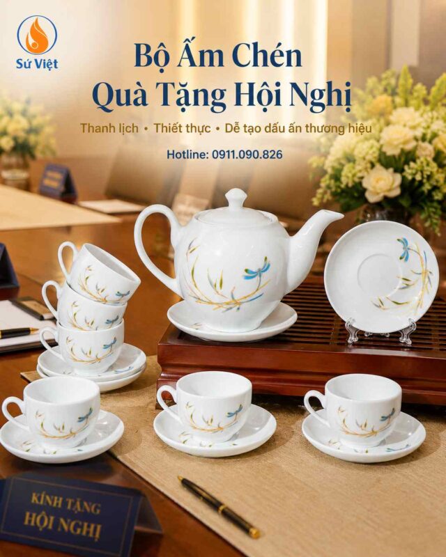 ấm chén in logo làm quà tặng hội nghị , đối tác